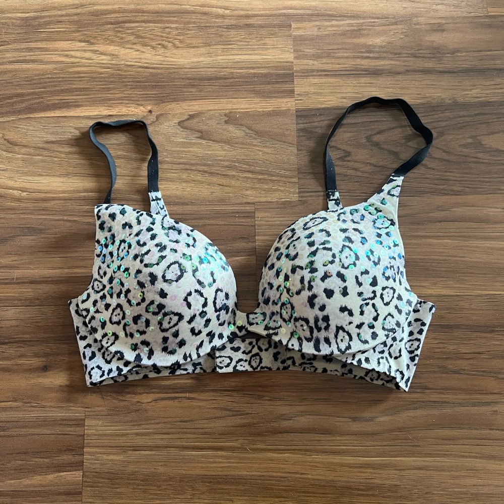Victoria's Secret Black and Cream Leopard Print Bra with Sequins